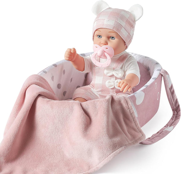 eDollable 12 Inches Baby Doll Toys Set with Accessories, Includes Doll Carrier Bassinet