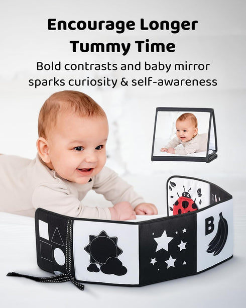 Tummy 0-6 Black and White Baby Books for Newborn - Time Mirror & Sensory Toys Soft Montessori Toy for Infant Visual