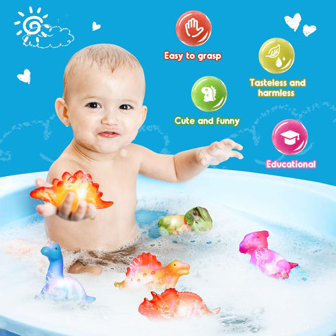 Baby Bath Toys for Toddlers 1-5, 6 Packs Light Up Floating Dinosaur Toys for Kids, Sensory Bathtub Games
