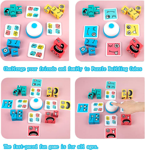 Wooden Face Changing Magic Cube Building Blocks Game Matching Expression Puzzle Toy Board Games for Family Night, Match