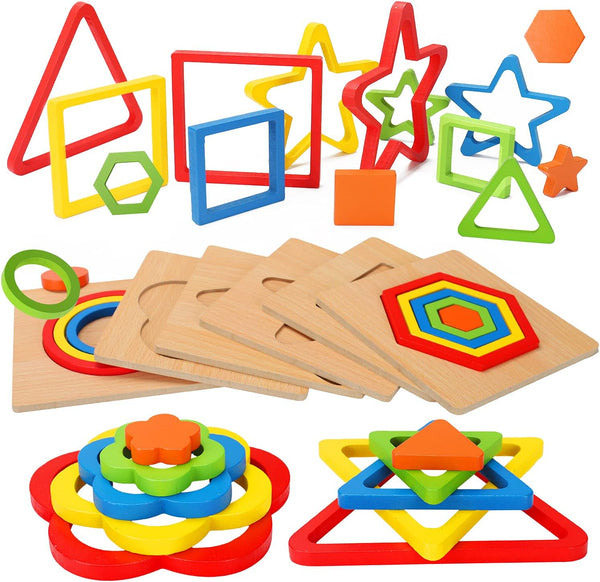 Toddler Puzzles Montessori Toy, Wooden Shape Sorting Puzzle, Sensory Toy for 1 2 3 Year Old, Educational Developmental