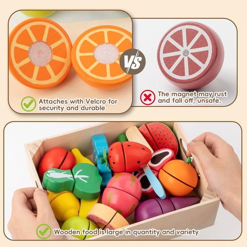 34Pcs Sets Set 3+ Wooden Play Food for Toddlers - Velcro Fruit and Veggies with Basket & Chopping Board, Play Food