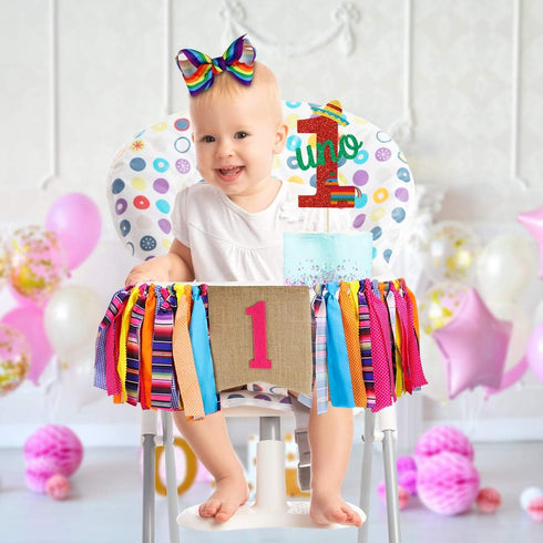 Mexican Fiesta 1st Birthday Party Decor, Highchair Banner, Glitter Cake Topper & Hair Bow for First Birthday