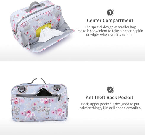 Baby Stroller Organizer Bag with Insulated Pocket, Universal Fit for Diapers, Wipes & Toys, Floral Design