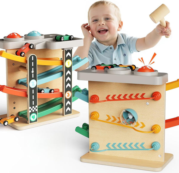 Wooden Car Ramp Toy for Toddlers 1-3: 2-in-1 Pound a Ball Toy