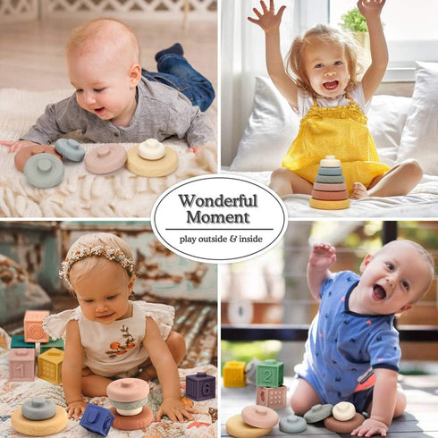 Mini Tudou 6 PCS Baby Stacking & Nesting Toys - Soft Stacking Blocks Ring Stacker - Baby Sensory Teether Toys for Early