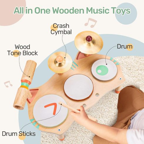 Set WINGYZ Kids Drum for Toddlers, All-in-One Montessori Musical Instruments - Wooden Music Toys for Baby, Neutral