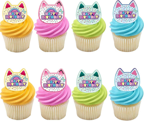 Terasilian 24Pcs Cat Theme Cupcake Toppers Cartoon Cat Dollhouse Party Decorations Cartoon Cupcake