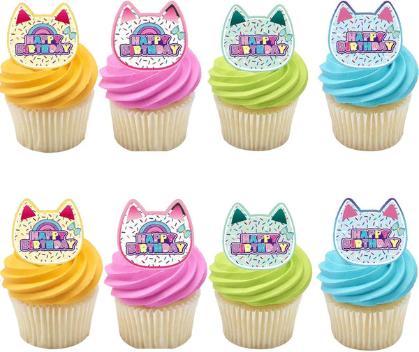 Terasilian 24Pcs Cat Theme Cupcake Toppers Cartoon Cat Dollhouse Party Decorations Cartoon Cupcake