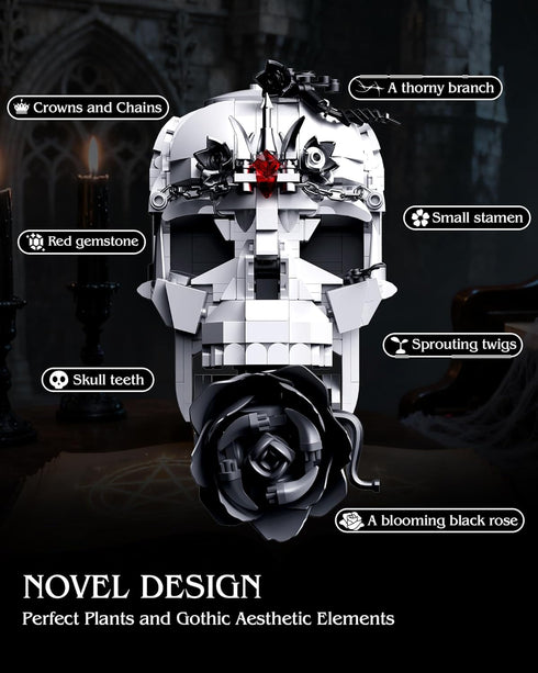 ONIMISC Set, 3 1 Skull Black Rose Flower Building in Gothic Horror Decor Botanical Artificial Flowers Collection Toys
