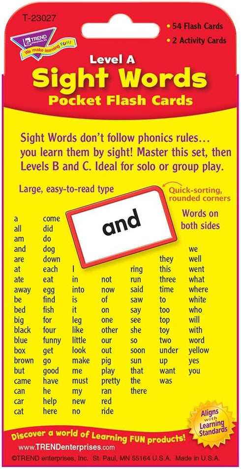 Trend Enterprises Sight Words Level A Pocket Flash Cards, 56 Two-Sided Cards, Ages 4 and Up