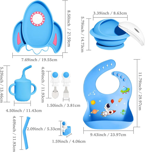 7 Pieces Silicone Baby Feeding Set, Food-Grade Astronaut Theme, Suction Plate, Bowl, Spoon, Fork, Bib, Cup for 6+