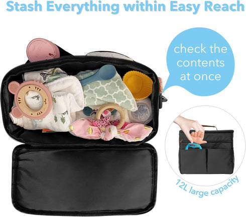 CapacityBlack-12L Miracle Maby Stroller Organizer Bag for Mom, Baby Trolley Bag - Compatible with Any Stroller