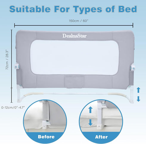 DEALNASTAR Rail-60in/150cm Bed Rail for Toddlers,Foldable Baby Bed Height Adjustable Safety Guard for Kids, Universal