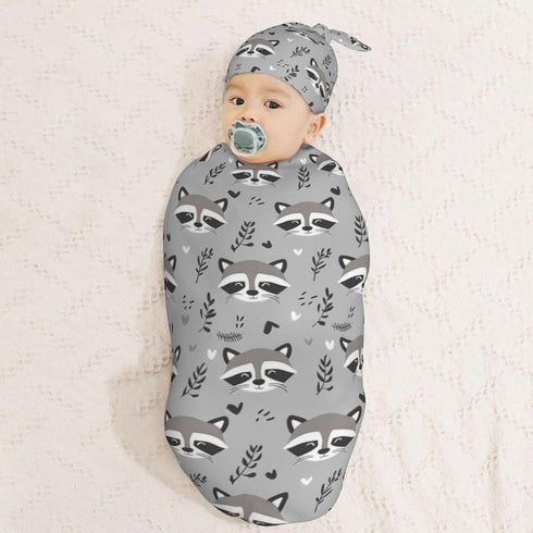 Sets Cute Raccoon Doodle Gray Newborn Swaddle Blankets Hat Soft Baby Receiving Blanket Swaddle Sack for Baby Shower