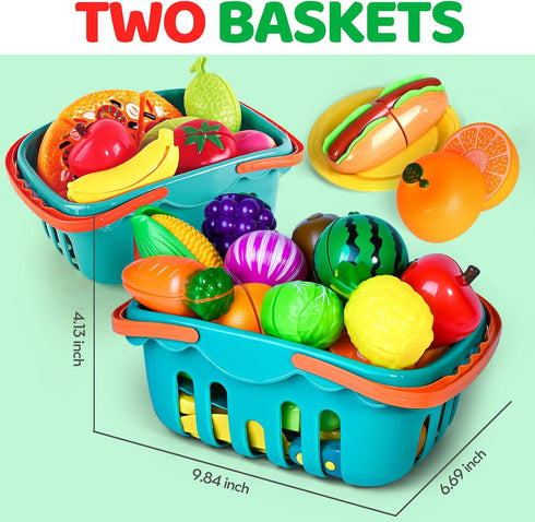 100 PCS Cutting Play Food Toy for Kids Kitchen, Pretend Food Toys with Baskets, Birthday Gifts for Ages 3-5