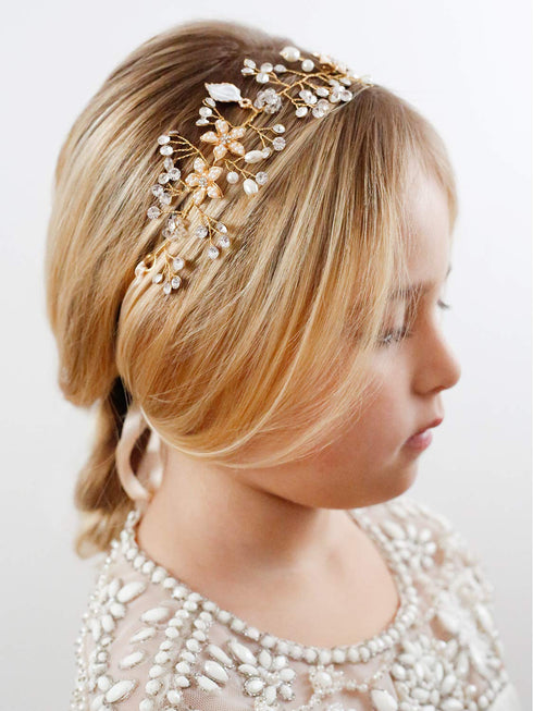 SWEETV Gold Flower Girl Headband for Wedding, Baby Girl Pearl Hair Piece, Birthday Party Photography