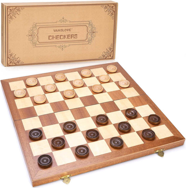VAMSLOVE 14inch Checkers Folding Wooden Game Set, Classic 8x8 Checkerboard with Pieces Storage Slots (Instructions