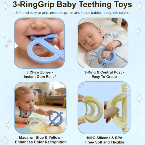 uwsic 2-Pack 3-18 Baby Teething Toys, Food Grade BPA-Free Silicone Baby Teether for Months, Ring-Shaped Teething Toy
