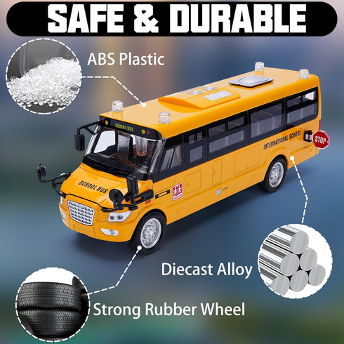 Die Cast School Bus Toy 9'' Model Cars with Lights & Sounds, Openable Doors, Large Yellow Metal Vehicle for Kids