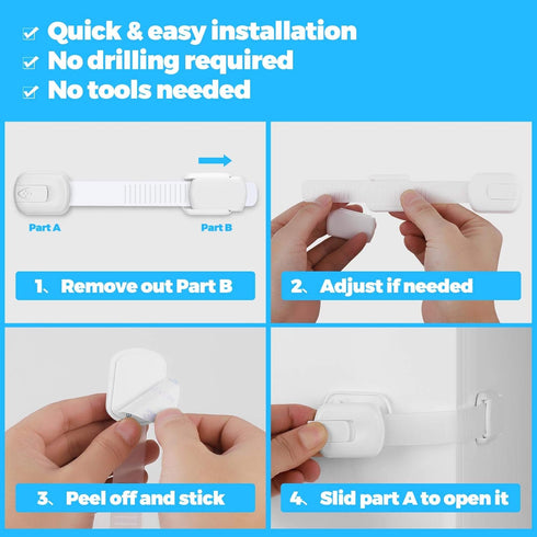 4 Pack Child Safety Strap Locks for Cabinet, Fridge, Ovens, Toilet, Drawer, Trash Can with Strong Adhesive