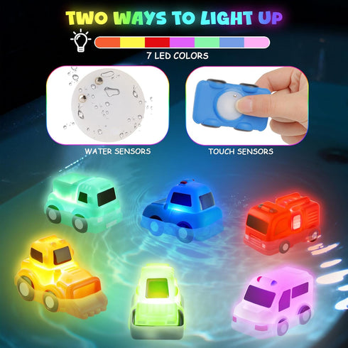 JoiTale 6 Pack 1 2 3 Baby Bath Toys, Light Up Cars Bath Toys, No Hole No Mould Bathtub Toy for Year Olds, Flashing LED