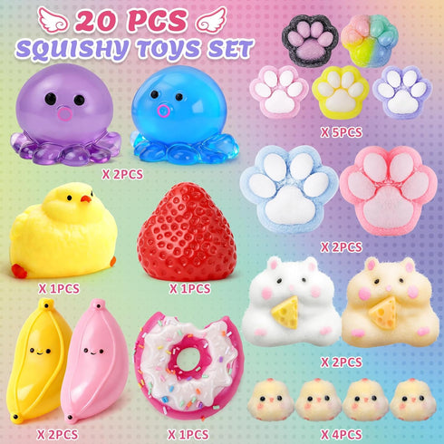 20Pcs Pack (11big+9small) Taba Squishy Fidget Toys, Include Squishies Chick, Cat Paws, Hamster, Strawberry Toys