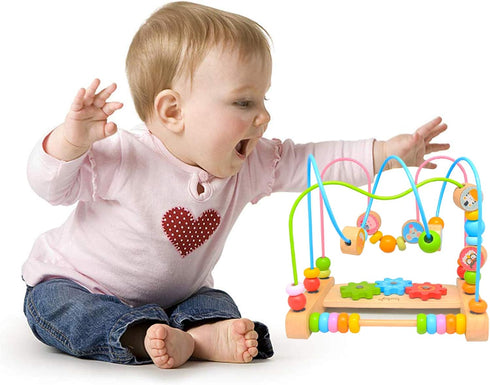 Bead Maze for Babies 6-12 Months, Wooden Educational Abacus Beads Circle, Colorful Roller Coaster Activity Game