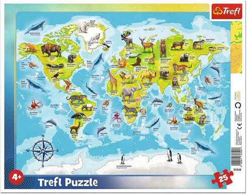 Trefl - 25 Piece Jigsaw Puzzle - World Map with Animals Print - DIY Puzzle for Adults and Children