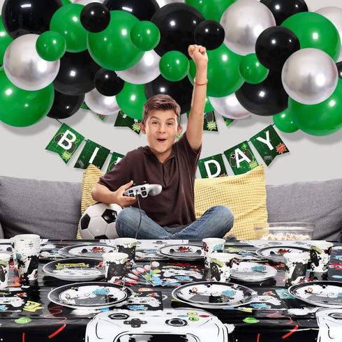 Green Black Silver Balloon Garland Arch Kit, Metallic Balloons for Video Game Birthday Decorations