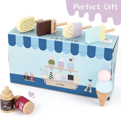 Wooden Ice Cream Toy Set, Pretend Play Food Toys, Ice Cream Counter for Kids, Kitchen Accessories for Toddlers