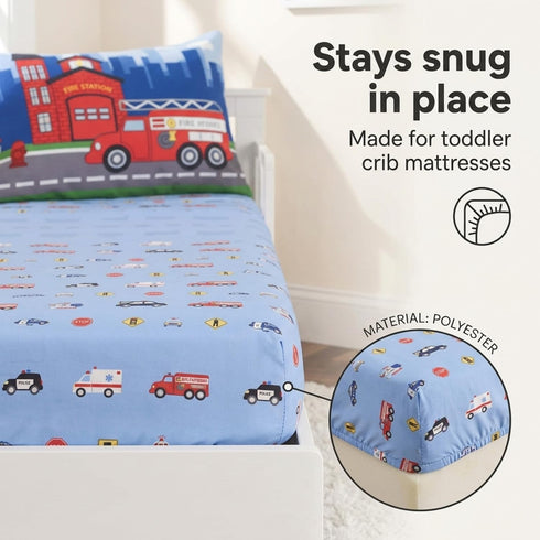 3-Piece Set Set EVERYDAY KIDS Toddler Fitted Sheet, Flat Sheet and Pillowcase - Police, Fire and Rescue - Soft