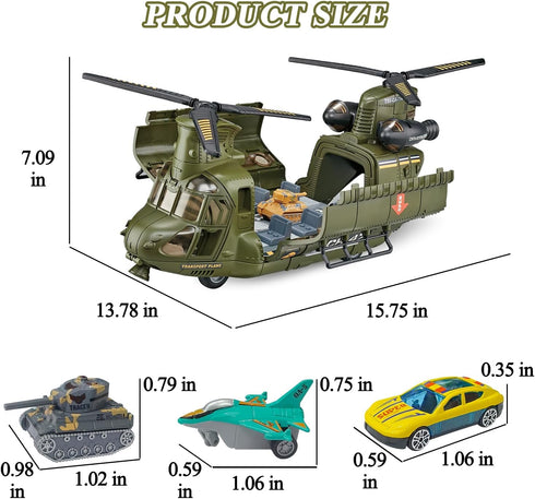 Yiwsnust Set Playset Military Helicopter Toys with Light - Friction Powered Transport Helicopter Toy with Army Tanks
