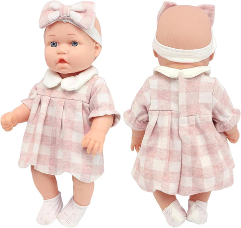 12 6-Piece Packaged Baby Doll Classic Checkered Dress & Accessories Gift Box Soft Realistic Lifelike Baby Dolls