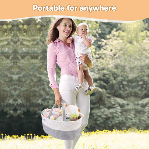 PHILORN Diaper Caddy Organizer - Cotton Rope Basket with Dividers, Nursery Storage for Changing Table, Baby Shower Gift