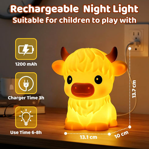 Dimmable 30 BPA-Free SiliconeHuggwaii Highland Cow Night Light for Kids, Squishy Night Light Touch Cow Lamp, Highland