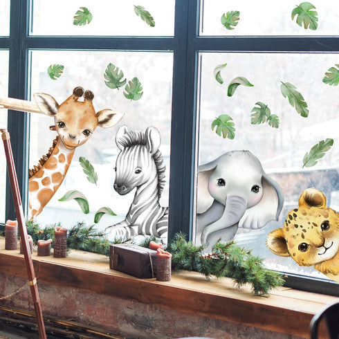 Double-Sided Safari Animal Window Stickers for Baby Nursery, 22.44 x 21.25 Inch Watercolor Jungle Clings Tiger Lion