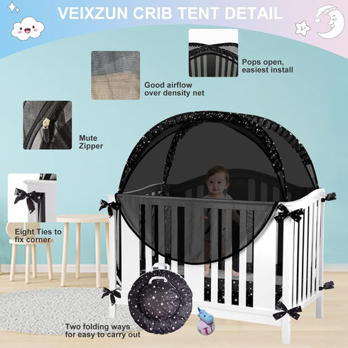Crib Tent Safety Crib Net to Keep Baby in, Black Pop up Cribs Cover to Keep Baby from Climbing Out, Breathable Mesh