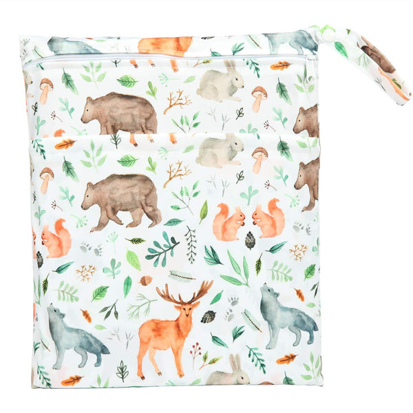 Baby Wet Dry Bag Reusable Cloth Diaper Nappy with Two Zippered Pockets (Watercolour Animals)