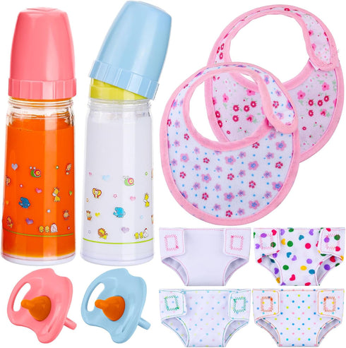 Shappy 10 Pcs Baby Doll Accessories Set with Milk and Juice Bottles, Pacifier, Bibs, Diapers