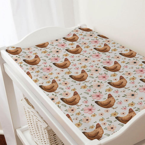 Vintage Hens Chicken Boho Floral Changing Pad Cover, Soft Stretchy Snug Fitted Baby Diaper Changing Mat Sheets 32''x16''