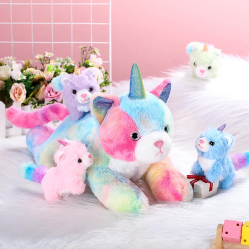 5 Set 16 Inch Mommy 4 Set Pieces Caticorn Plush Toy Cat Unicorn Stuffed Animal with Cute Plush Baby Kittens Pastel
