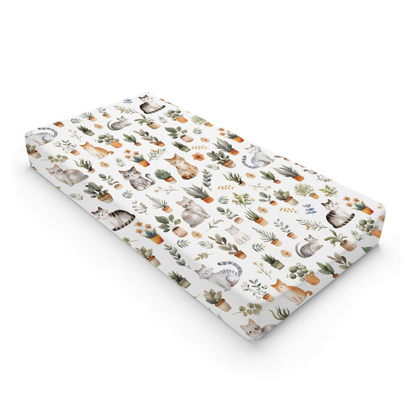 Watercolor Cats Boho Leaves Flowers Changing Pad Covers, Cute Cats Tropical Plants for Girl Boy, Soft 32''x16''