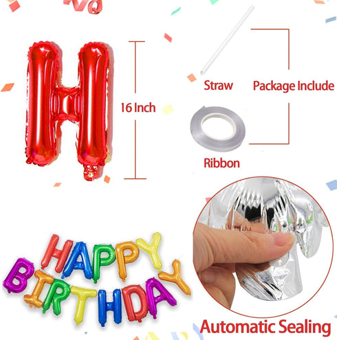 Rainbow Happy Birthday Balloons Banner, 16 Inch Mylar Foil Letters, Reusable Party Decorations