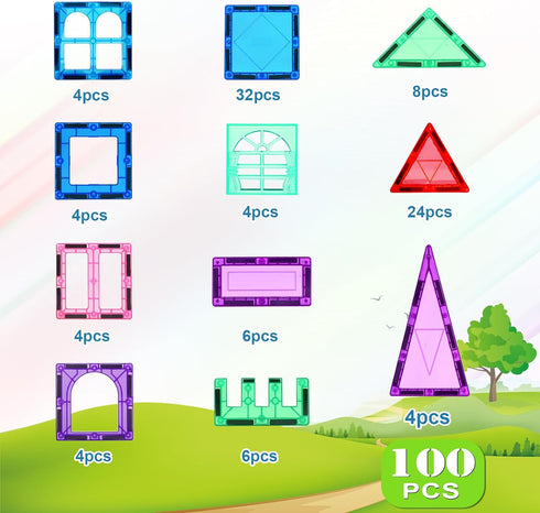 100PCS Set 3-5 4-8, 3+ Magnetic Tiles Kids Toys - Magnetic Building Blocks STEM Magnet Building Preschool Learning