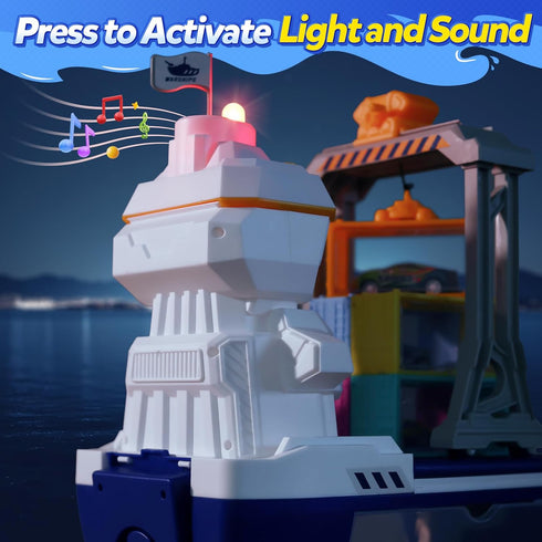 Playset CUTE STONE Cargo Ship Toy & Gantry Crane, Toy Boat and Crane with Sounds & Lights, Transport Containers, Push