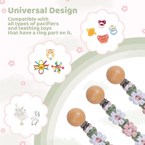 Pacifier Clip for Boys Girls, Floral Daisy Macrame Baby Paci Clip Holder, Handmade Braided Cotton Binky Clips