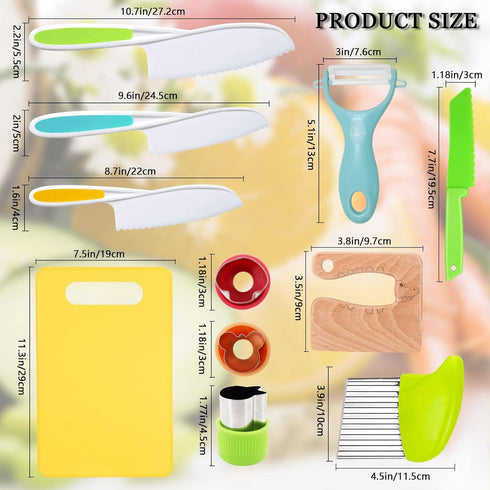 11 Pieces Kids Knife Set, Wooden Kitchen Knife, Toddler Knife with Serrated Edges, Crinkle Cutter, Y Peeler, Cutting