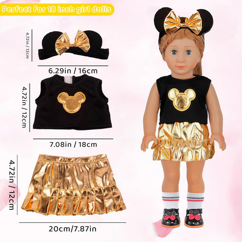 Micky Themed Cosplay Kit for 18 Inch Girl Dolls, Gold Doll Accessories for American Dolls, Including Bow Hairband, Gold Micky Dress, Pearl Necklace, Shoes Socks Glasses, Total of 9 pcs