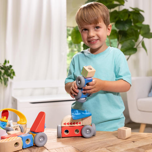 Set (54 Melissa & Doug Blockables Vehicles Snap and Play, Mix and Match Connectable Wooden Building Blocks Play Toy
